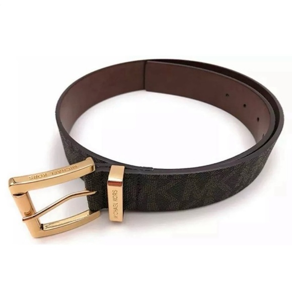 MICHAEL KORS BELT CHOCOLATE MK PRINTED LOGO GOLD SIZE MEDIUM. NWT - Picture 1 of 12